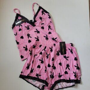 Playboy Bunny Print Lace Trim 2 Piece Pajama Set